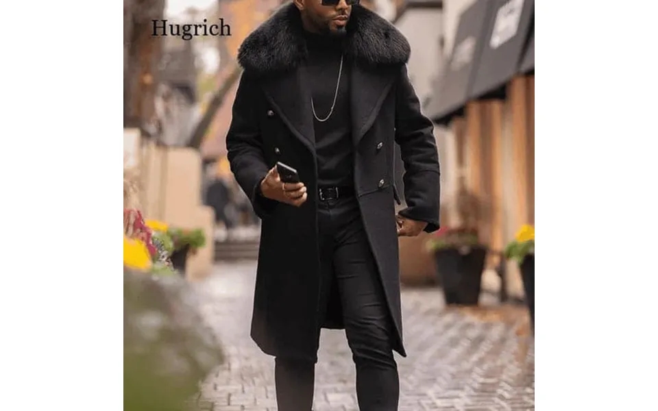 Men Overcoat Black With Fur Collar Wool Topcoats