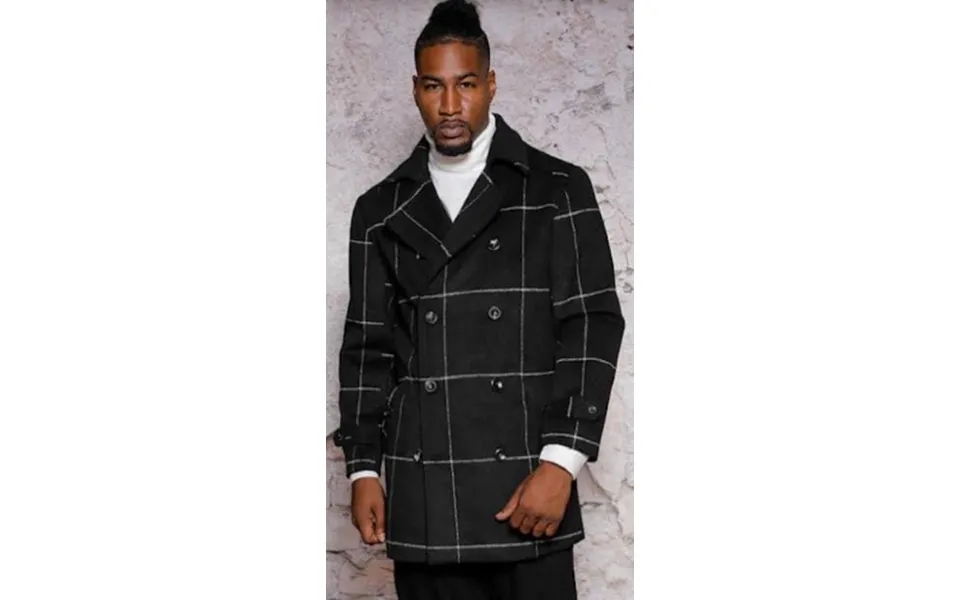 Men Plaid Overcoat Wool Peacoat Plaid Topcoats Black