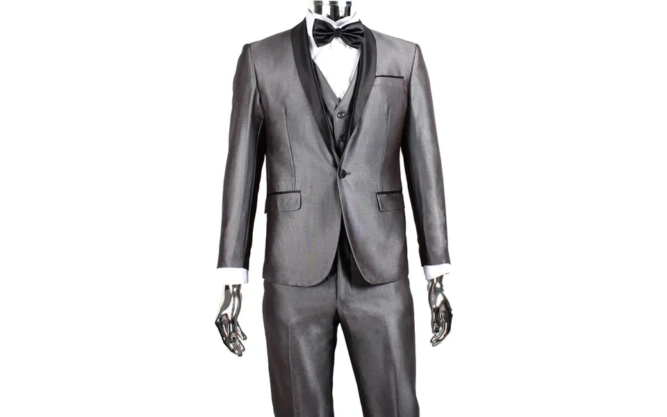 Mens 1 Button Shawl Lapel Vested Wedding Prom Tuxedo In Silver Grey Sharkskin