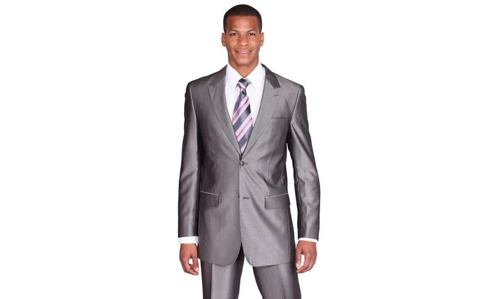 Mens 2 Button Peak Lapel Shiny Sharkskin Suit In Grey