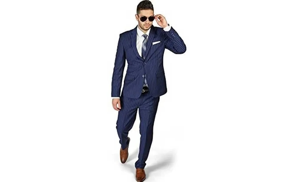 Men's 2 Button Slim Fit Stripe Skinny Style Pinstripe Flat Front Pants Dark Navy Blue Suit For Men Cheap Priced Business