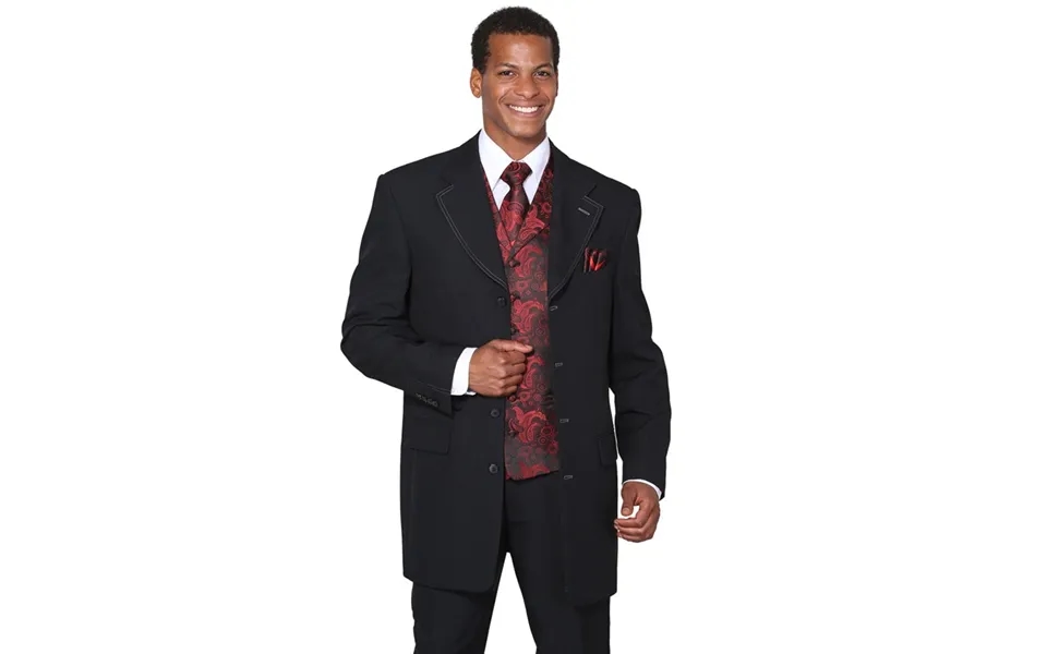 Mens 4 Button Wide Notch Lapel Fashion Zoot Suit In Black & Red
