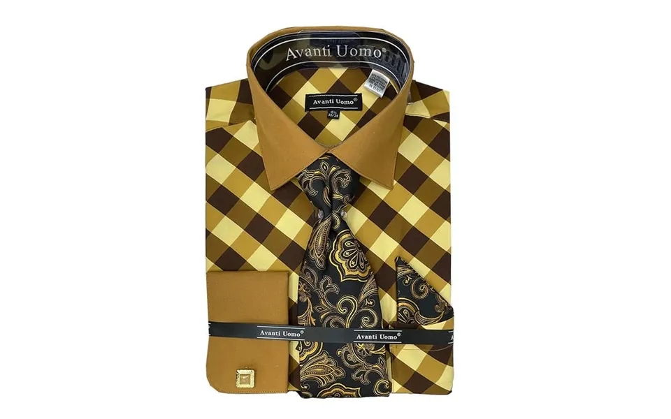 Men's Contrast Collar French Cuff Check Dress Shirt Set In Brown