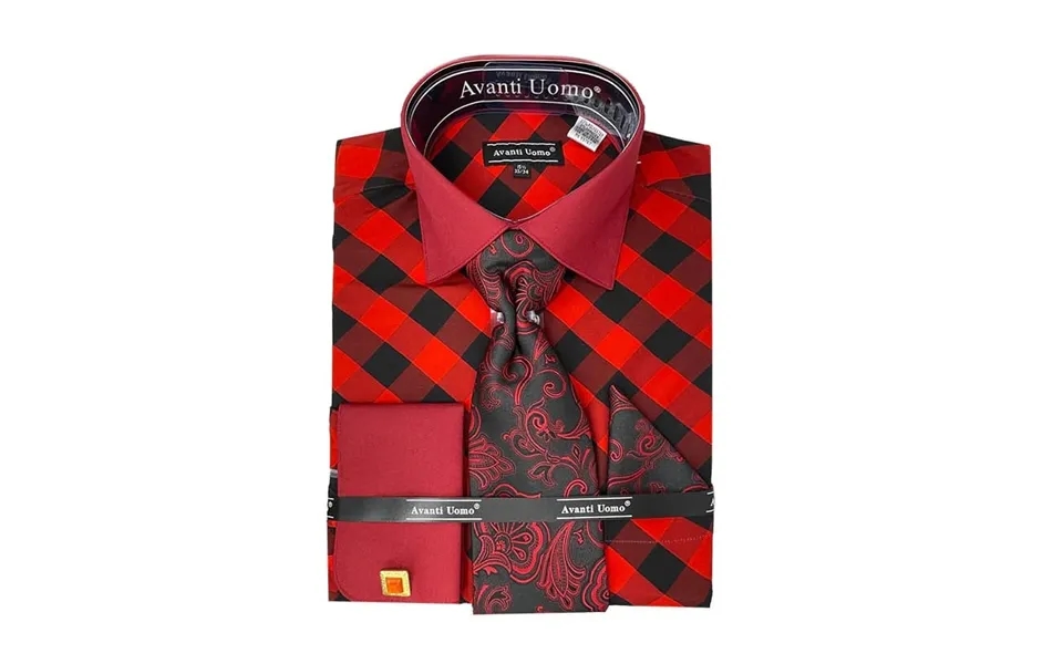 Men's Contrast Collar French Cuff Check Dress Shirt Set In Red