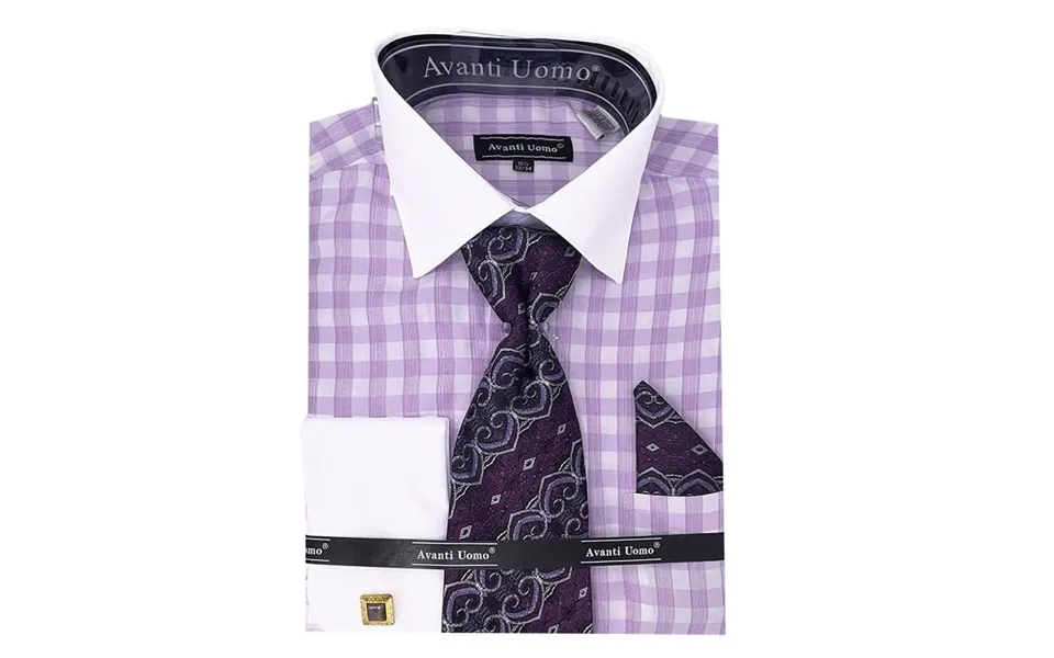 Men's Contrast Collar French Cuff Checkered Plaid Dress Shirt Set In Lilac
