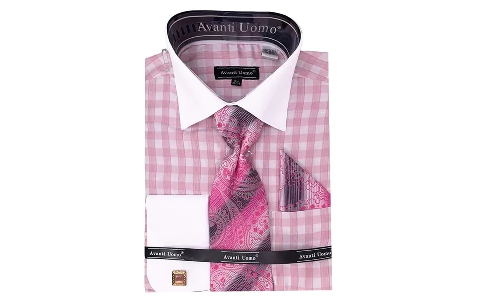 Men's Contrast Collar French Cuff Checkered Plaid Dress Shirt Set In Pink