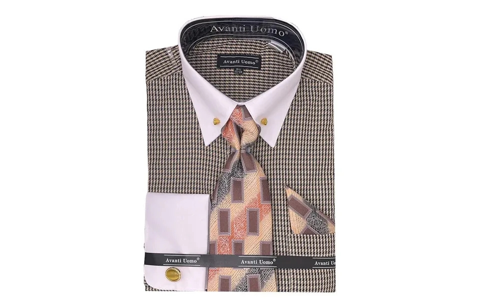 Men's Contrast Collar French Cuff Dress Shirt Set In Beige Houndstooth