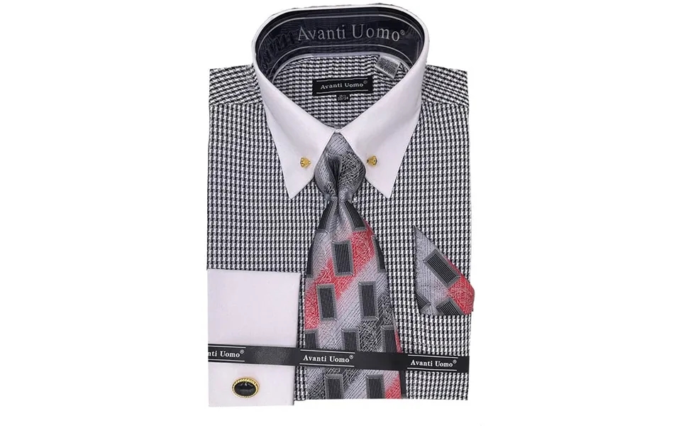 Men's Contrast Collar French Cuff Dress Shirt Set In Black Houndstooth