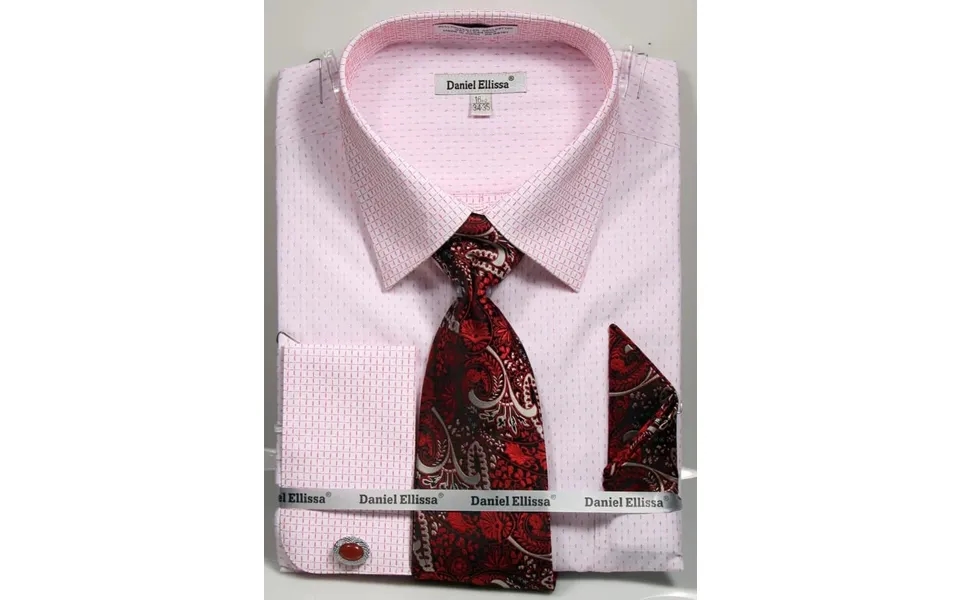 Men's French Cuff Mini Plus Patter Spread Collar Regular Fit Dress Shirt & Tie Set In White & Red