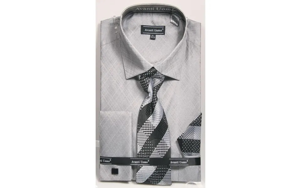 Men's Weave Pattern French Cuff Dress Shirt - Tie & Hanky Set In Grey