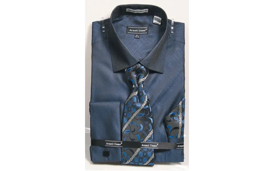 Men's Weave Pattern French Cuff Dress Shirt - Tie & Hanky Set In Navy