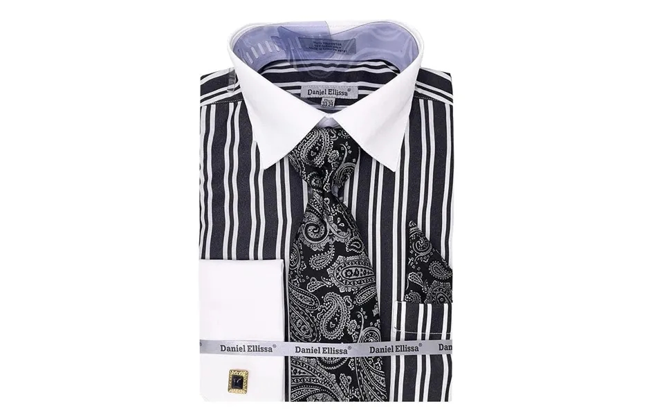 Men's White Collar & French Cuff Double Stripe Dress Shirt In Black