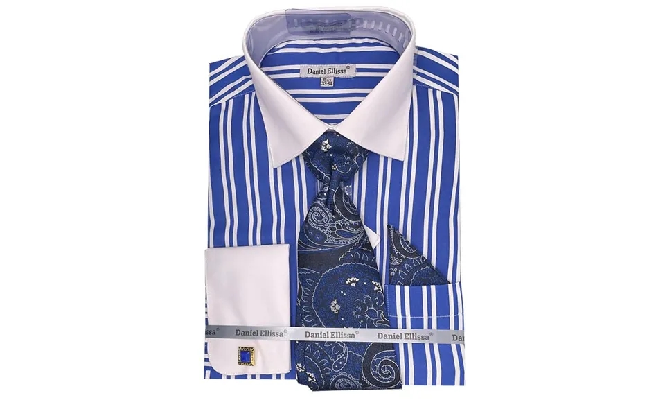 Men's White Collar & French Cuff Double Stripe Dress Shirt In Royal Blue