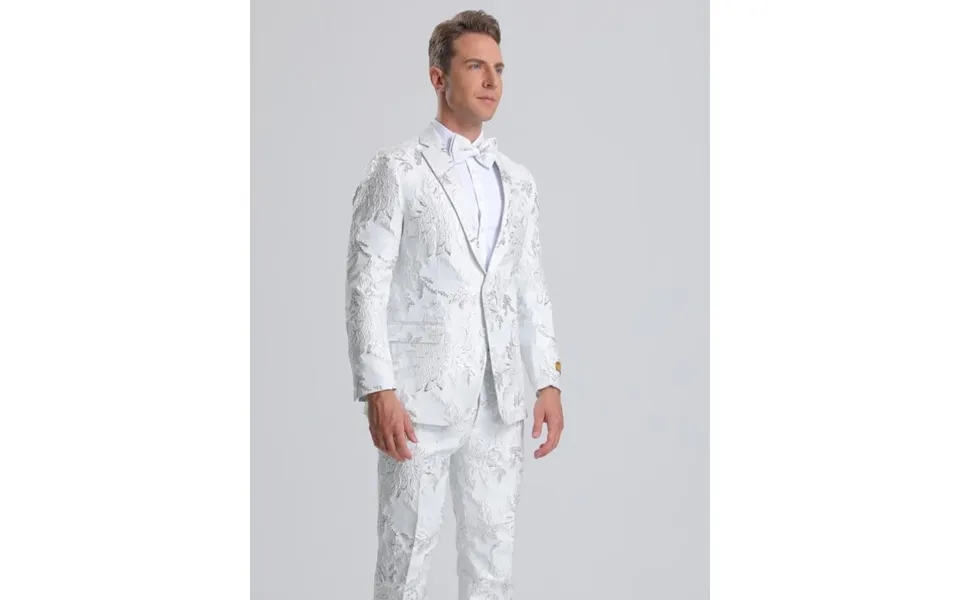 Men's White & Silver Floral Paisley Prom Tuxedo