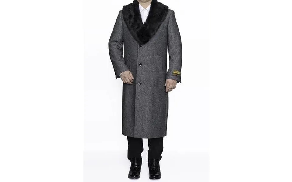 Moscow Mens Removable Fur Collar Full Length Wool Herringbone Grey Overcoat