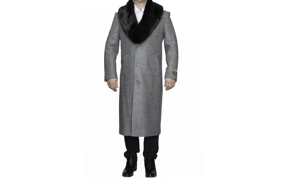 Moscow Removable Fur Collar Full Length Light Grey Wool Overcoat