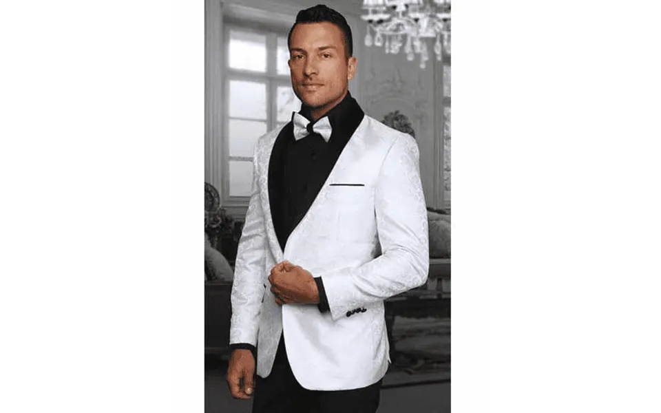 White Two Toned Paisley Shawl Lapel Entertainer Singer Blazer Jacket