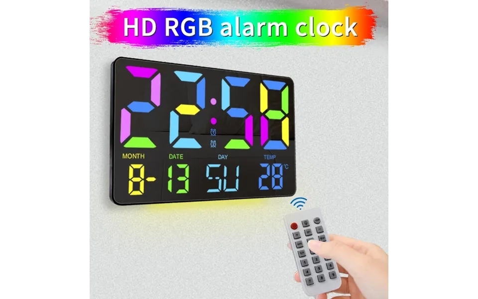 Agsivo Large Rgb Rainbow Digital Wall Clock Alarm Clock Large Led Display With Snooze Remote Control Automatic Brigh