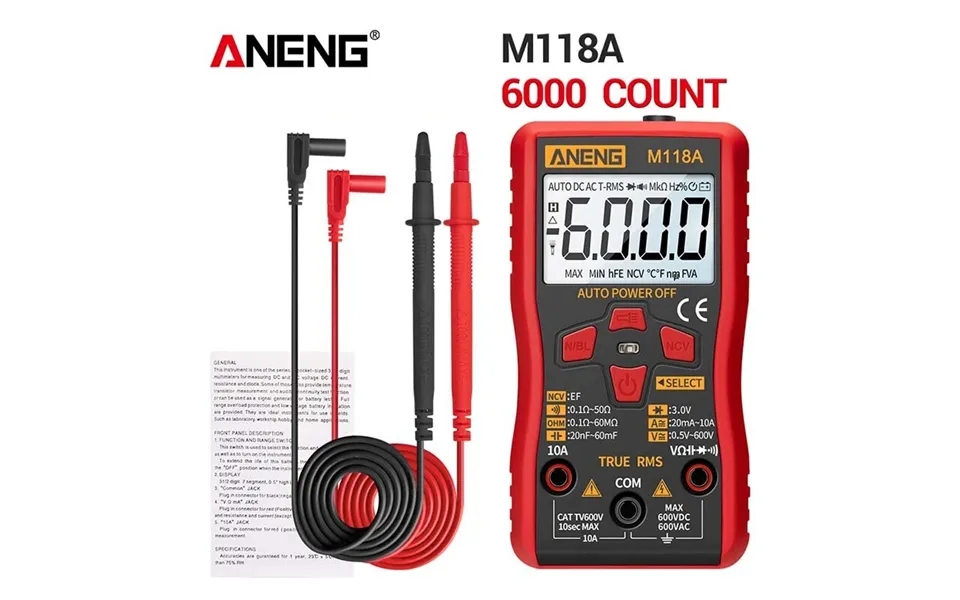 Aneng M118a Digital 6000 Counts Auto Range True Rms Mini Multimeter Transistor Meter With Ncv Data Hold Flashlight