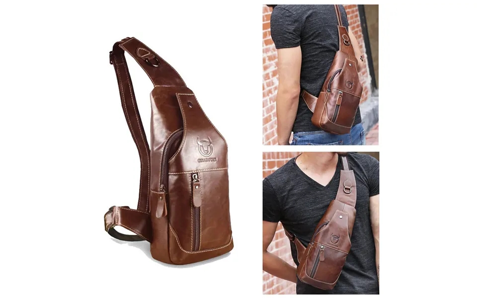 Bullcaptain Men Genuine Leather Wear Resisting Textured Business Casual Brown Black Chest Bag Shoulder Crossbody Bag