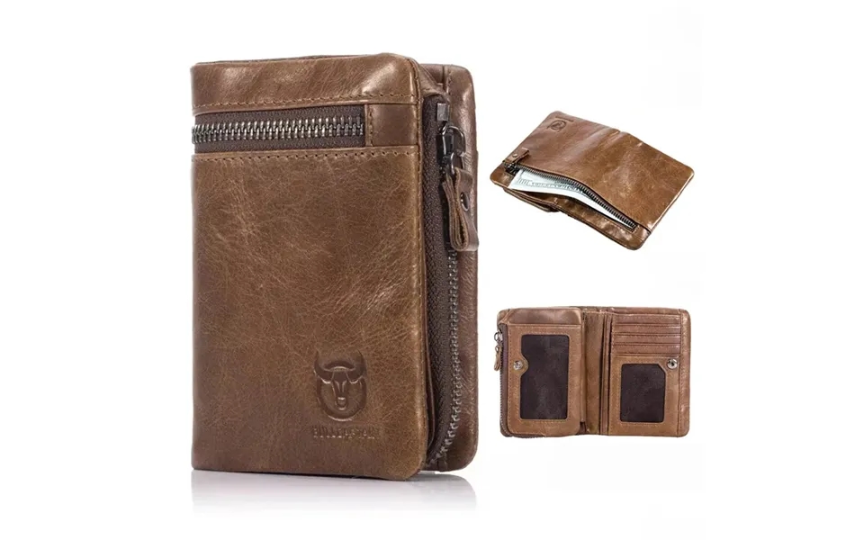 Bullcaptain Men's Genuine Leather Rfid Wallet Short Trifold Design Hasp Zipper Closure Card Holder Coin Pocket Money Pur