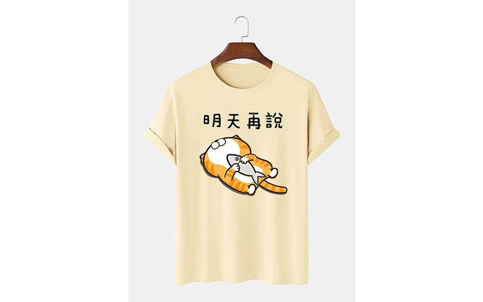 Charmkpr Mens Cartoon Cat & Fish Print Crew Neck Short Sleeve T-shirts
