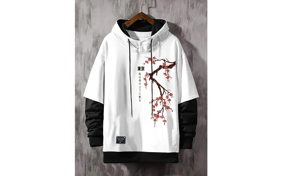 Charmkpr Mens Hooded Japanese Cherry Blossoms Print Contrast Patchwork Drawstring Hoodies