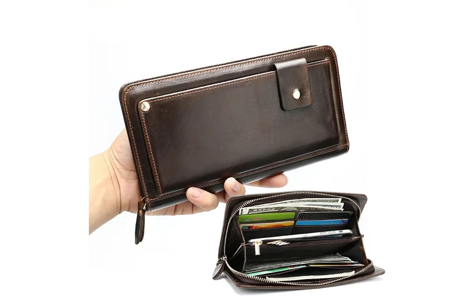 Ekphero Men Genuine Leather Wallet Men Phone Clutch Retro Long Wallets Hand Money Purse Cow Leather Zippered Card Holder