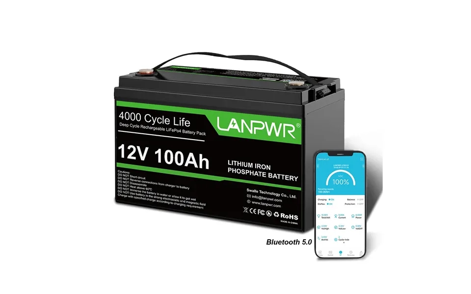 Eu Direct Lanpwr 12v 100ah Lifepo4 Bluetooth Battery Pack 1280wh Superior Deep Cycle Lithium Iron Phosphate Battery Fo
