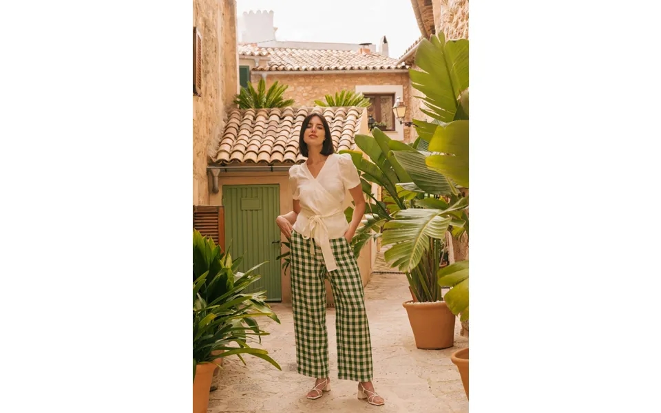 Barbora Straight Linen Pants In Green Gingham Size L
