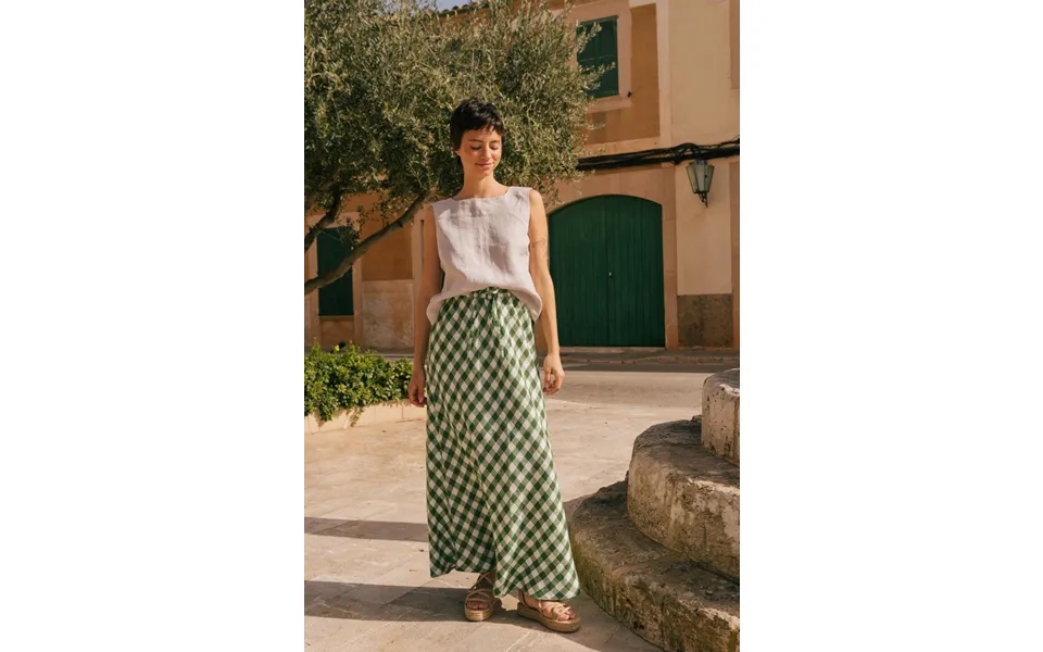 Ciara Linen Slip Skirt In Green Gingham Size