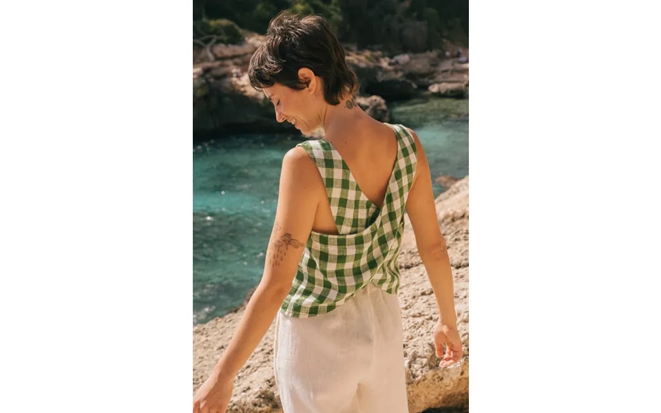 Ella Pinafore Linen Top In Green Gingham Size Xl