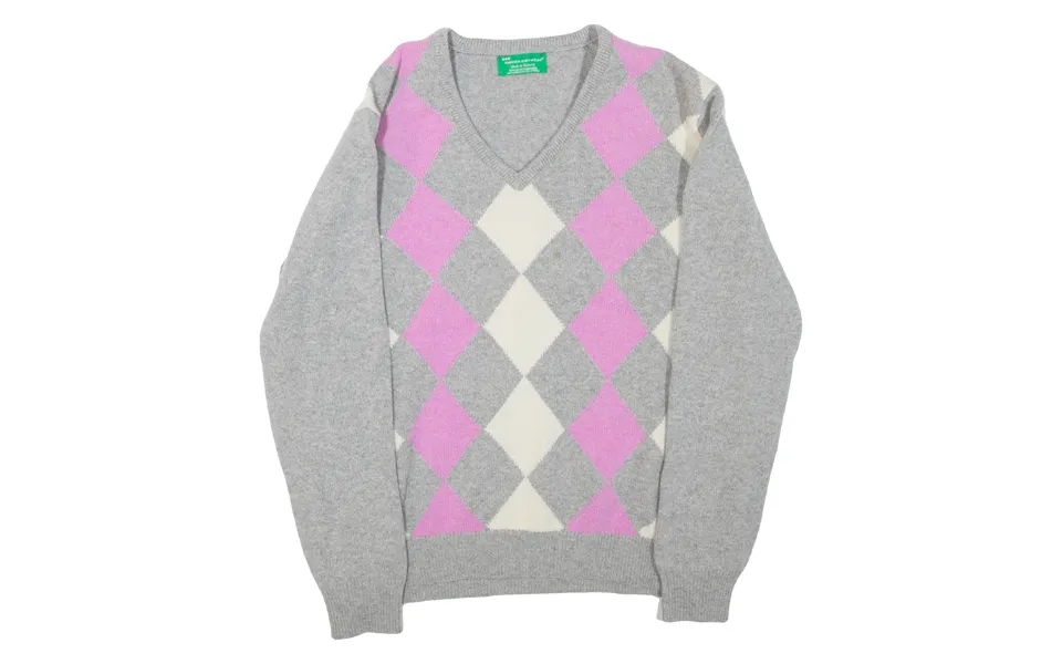 Hawick Knitwear Womens Patterned Jumper Grey Argyle V-neck Tight Knit Wool M