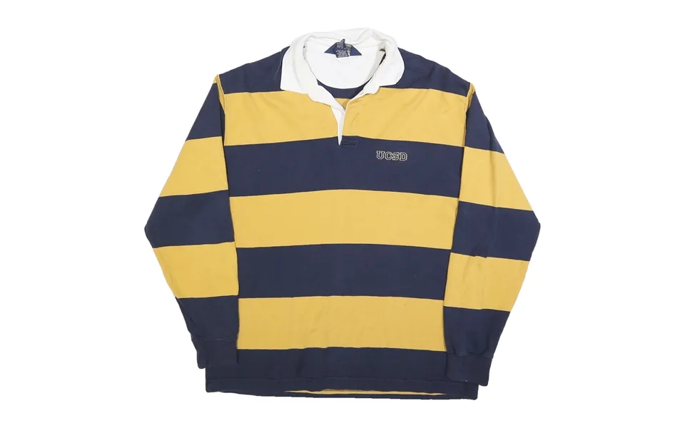 Lands End Mens Navy & Mustard Long Sleeve Striped L Rugby Polo Shirt Cotton
