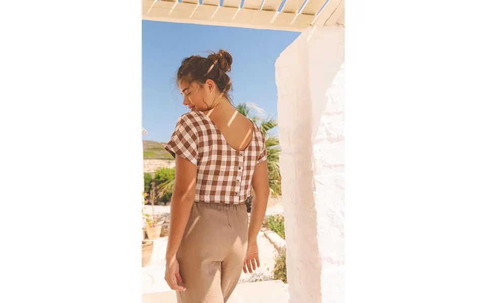 Lisa Linen Crop Top In Mocha Gingham Size S