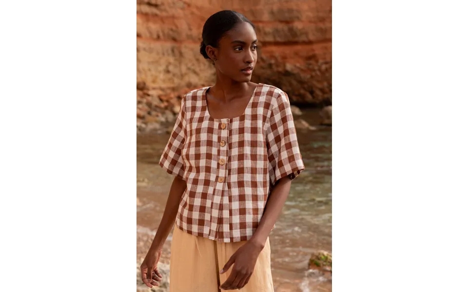 Maeve Button Linen Top In Mocha Gingham Size