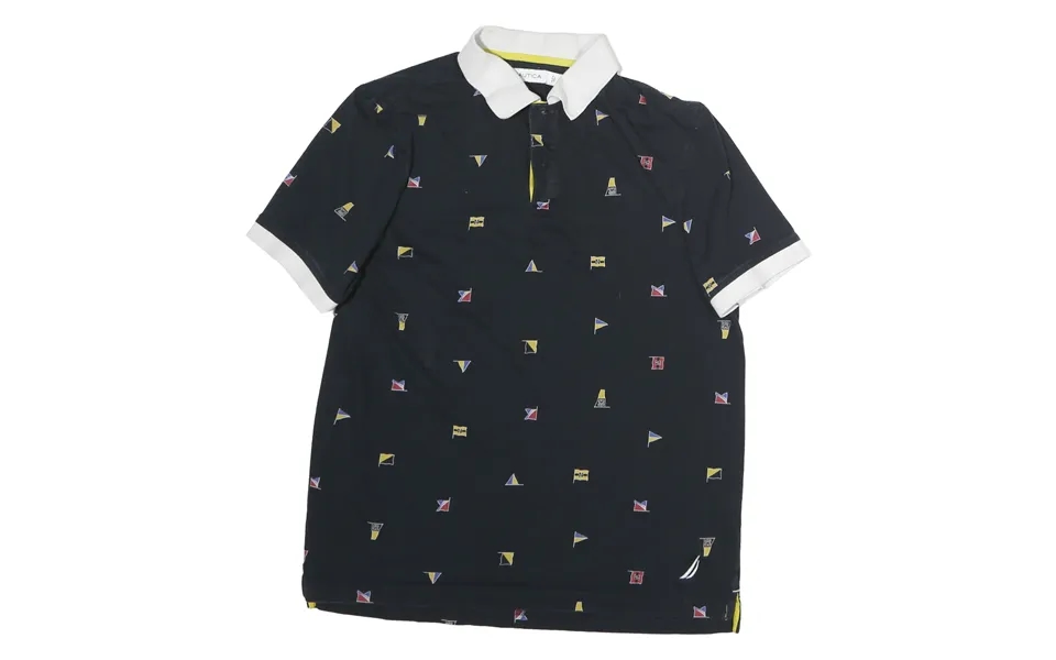 Nautica Boys Navy Blue & Yellow Flag Print Short Sleeve Polo Shirt L Casual