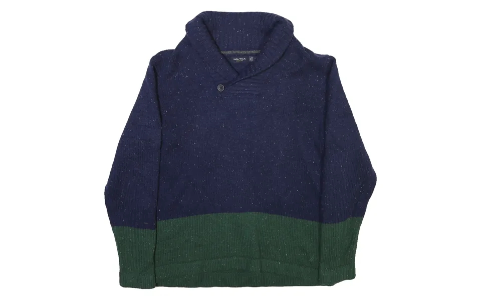 Nautica Mens Navy & Green Plain Pullover Jumper Shawl Collar Rib Knit L Sweater