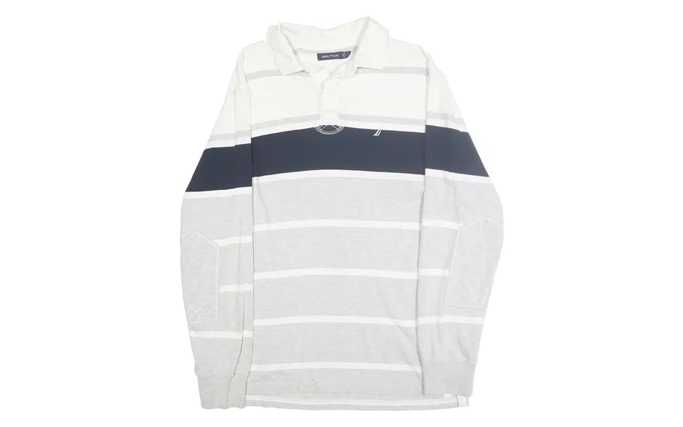 Nautica Mens White & Grey Long Sleeve Striped Polo Shirt L Cotton Casual