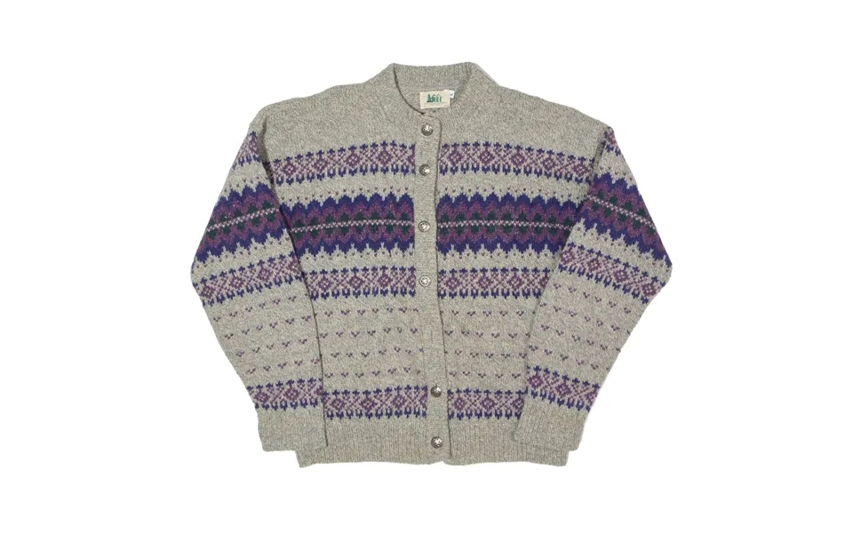 Rei Patterned Cardigan Grey 90s Fair Isle Chunky Knit High Neck Womens L