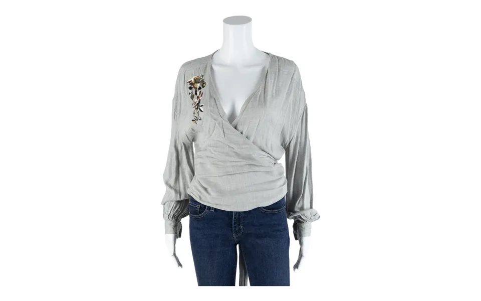 Stradivarius Floral Embroidery Grey V-neck Long Sleeve Wrap Blouse Womens S