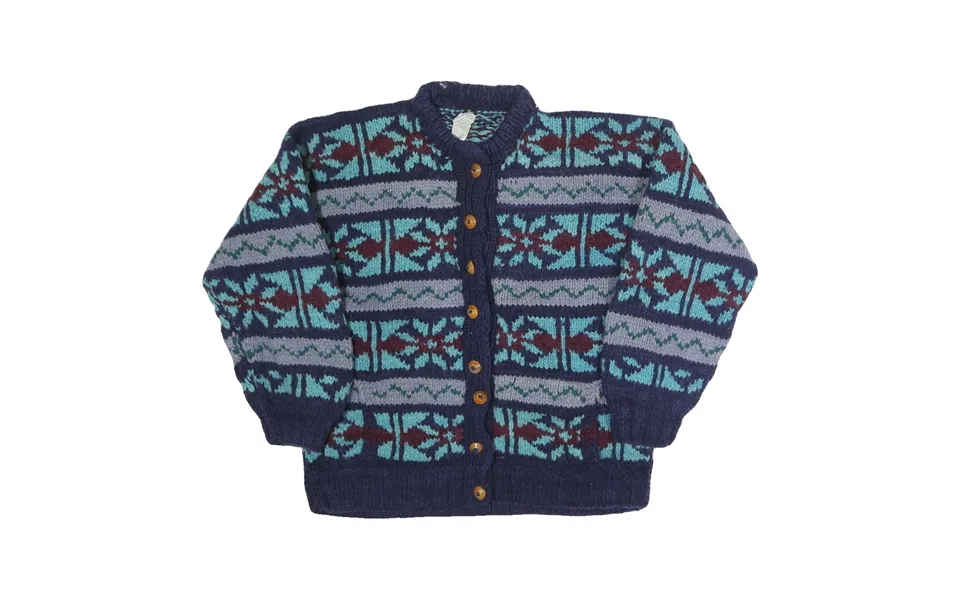 Womens Navy Blue & Burgundy Patterned Wool Button Up Chunky Knit Jumper M