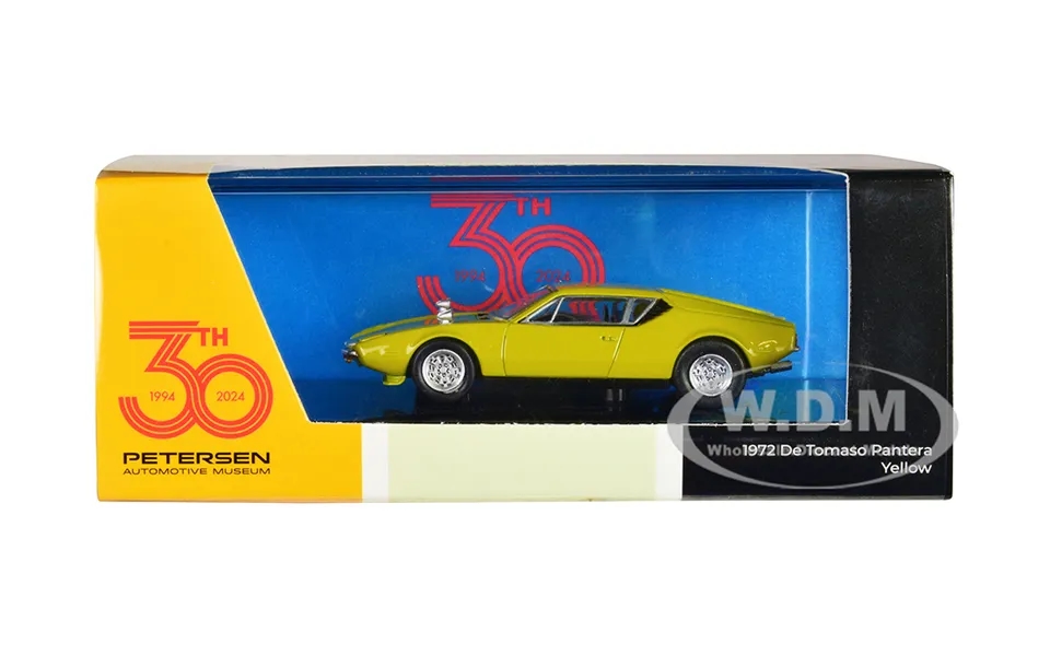 1972 De Tomaso Pantera Yellow Petersen Automotive Museum 30th Anniversary 1 64 Diecast Model Car By Paragon Models