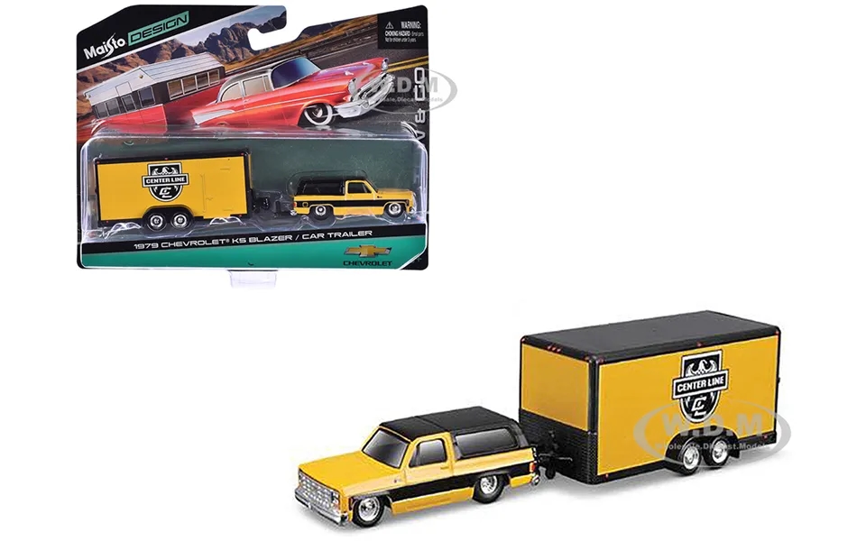 1979 Chevrolet K5 Blazer Yellow With Black Top And Stripes With Enclosed Car Trailer Yellow And Black Center Line Tow &