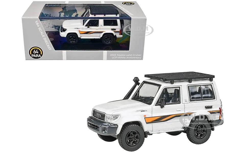 2023 Toyota Land Cruiser 71 White 70th Anniversary With Stripes And Roofrack 1 64 Diecast Model Car By Paragon Models