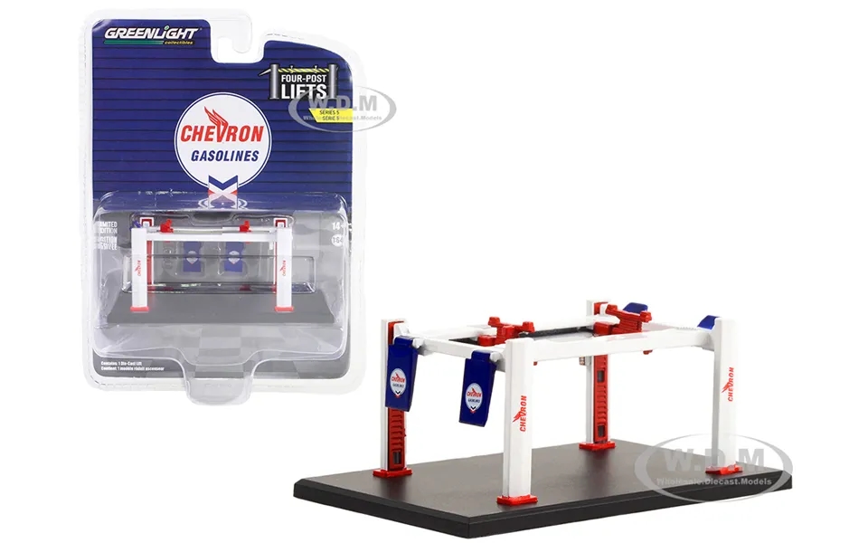 Adjustable Four-post Lift Chevron White And Red Four-post Lifts Series 5 1 64 Diecast Model By Greenlight