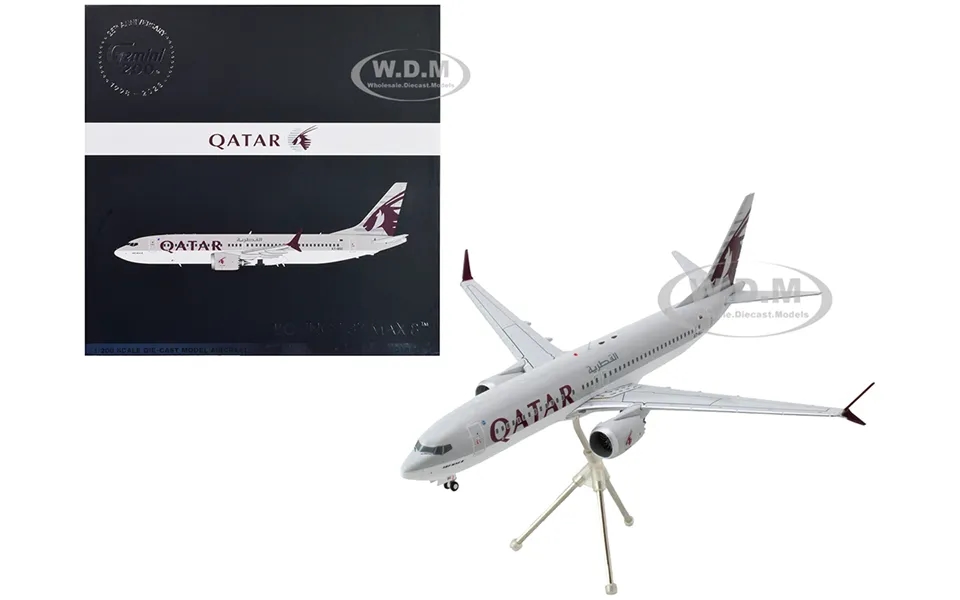 Boeing 737 Max 8 Commercial Aircraft Qatar Airways Gray And White With Tail Graphics Gemini 200 Series 1 200 Diecast Mod