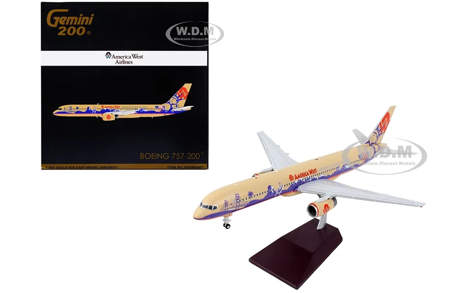 Boeing 757-200 Commercial Aircraft America West Airlines Beige With Purple Graphics Gemini 200 Series 1 200 Diecast Mode