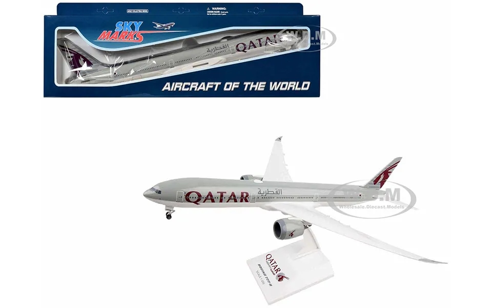 Boeing 777-9 Commercial Aircraft With Landing Gear Qatar Airways Gray With Tail Graphics Snap-fit 1 200 Plastic Model By