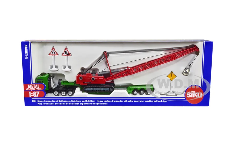 Heavy Haulage Transporter Green And Liebherr Cable Excavator Red With Wrecking Ball And Signs 1 87 Ho Diecast Models By